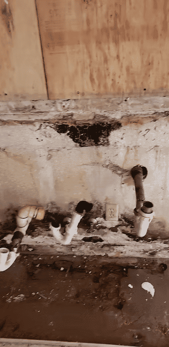 Exposed wall with plumbing pipes and signs of mold damage in a renovation project.